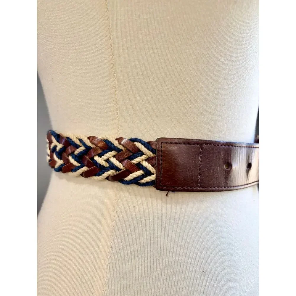 Vintage Boho Brown Leather Belt Gold Brass Buckle Mixed Braided, Men's XL